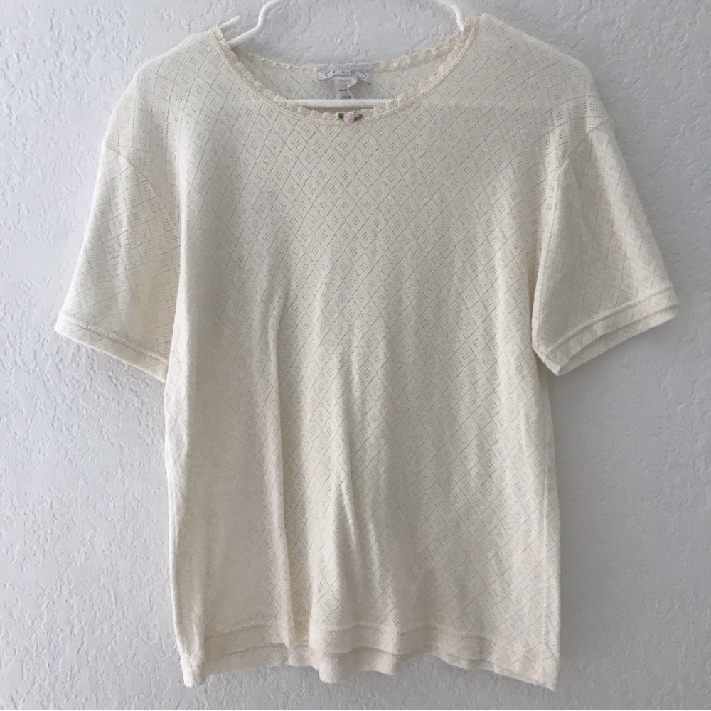 Vintage 90’s 80’s White Cotton Eyelet Bow Flower Short Sleeve Top Womens Large